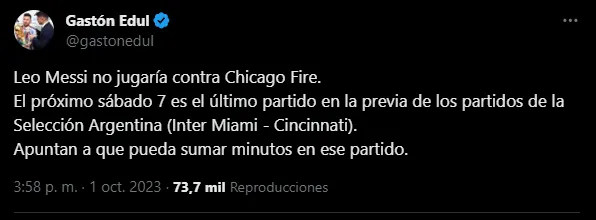 Messi y posible fecha de regreso (Foto: X / @gastonedul)