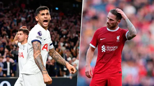 Alexis Mac Allister le remarcó a Cristian Romero el beneficio que tuvo el arbitraje para el Tottenham vs. Liverpool. Getty Images.