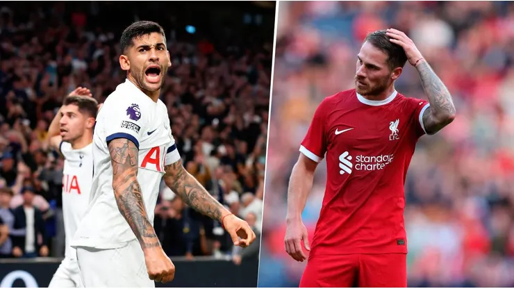 Alexis Mac Allister le remarcó a Cristian Romero el beneficio que tuvo el arbitraje para el Tottenham vs. Liverpool. Getty Images.