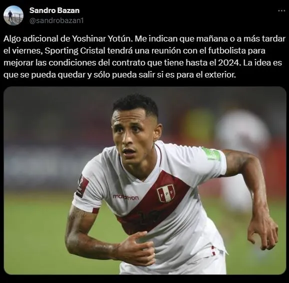 Sandro Bazán pone fecha límite para el caso Yoshimar Yotún. (Foto: Twitter).