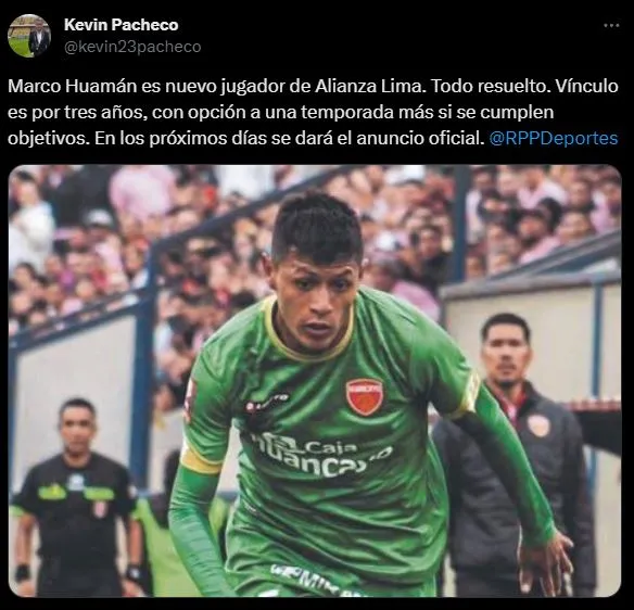 Marco Huamán llegará a Alianza Lima en los próximos días. (Foto: Twitter).