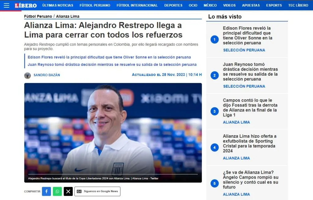 Alejandro Restrepo asumirá la responsabilidad de elegir refuerzos. (Foto: Diario Líbero).