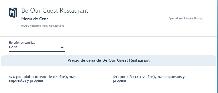 Precio del menú de donde comieron Messi y Antonela. (Foto: https://disneyworld.disney.go.com)