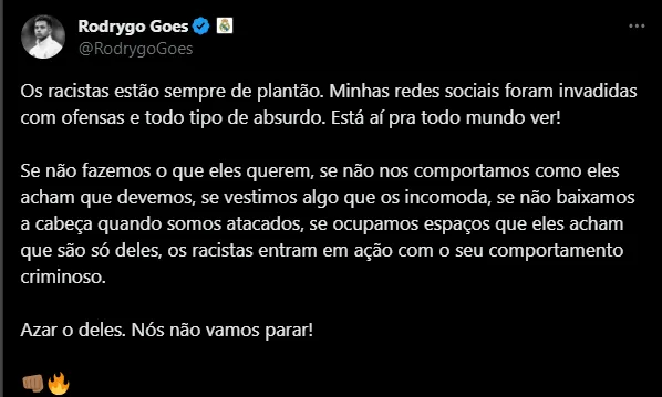 Denuncia de Rodrygo en redes. (Foto: x / @RodrygoGoes)