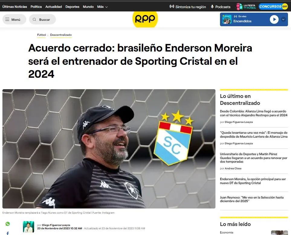 Sporting Cristal en las próximas horas lo hará oficial. (Foto: RPP Noticias).