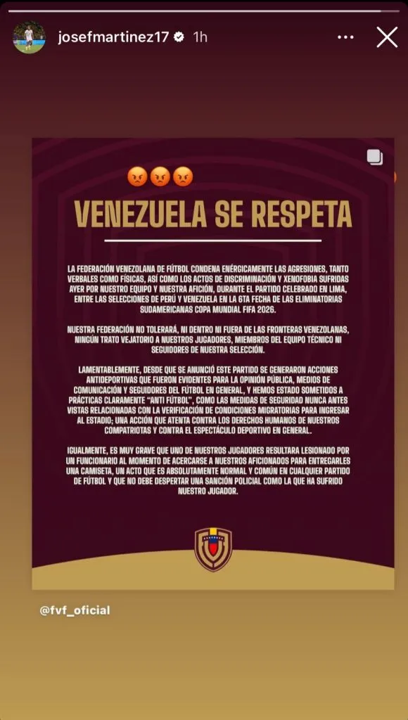 Reacción de Josef al escándalo en Perú vs. Venezuela. (Foto: Instagram / @josefmartinez17)