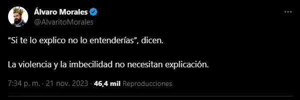 Mensaje de Morales apoyando a Messi y a Argentina. (Foto: X / @AlvaritoMorales)