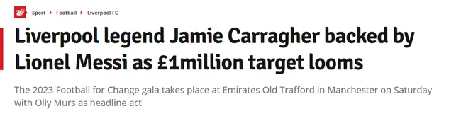 La noticia de la donación de Messi a Carragher. (Foto: https://www.liverpoolecho.co.uk/)
