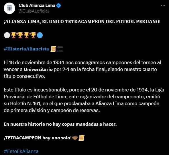 Alianza Lima lanzó publicación sobre tetracampeonato de 1934. (Foto: Twitter).
