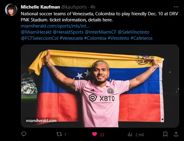 Venezuela jugará vs. Colombia un partido amistoso en Miami. (Foto: X / @kaufsports)