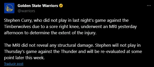 Se confirmó la gravedad de la lesión de Curry. (Foto: X / @warriors)