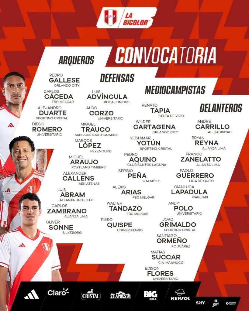 Convocados por Juan Reynoso para la fecha doble ante Bolivia y Venezuela. (Foto: FPF).