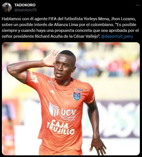 Yorleys Mena sería el recambio para Pablo Sabbag. (Foto: Twitter).