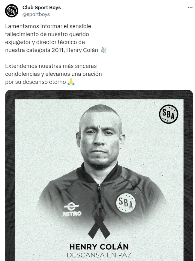 Sport Boys informó sobre la muerte de Henry Colán. (Foto: Sport Boys)