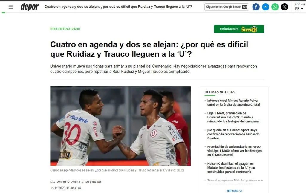 Ruidíaz y Trauco no vendrían al centenario de la “U”. (Foto: Diario Depor).