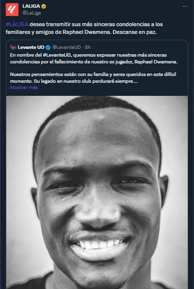 El comunicado de LaLiga de España sobre la muerte de Dwamena.