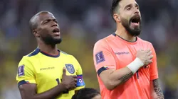 AL KHOR, QATAR - NOVEMBER 20: Angel Mena (l) and Hernan Galindez (r) of Ecuador during the national anthems ahead of the FIFA World Cup Qatar 2022 Group A match between Qatar and Ecuador at Al Bayt Stadium on November 20, 2022 in Al Khor, Qatar. (Photo by Michael Steele/Getty Images)
