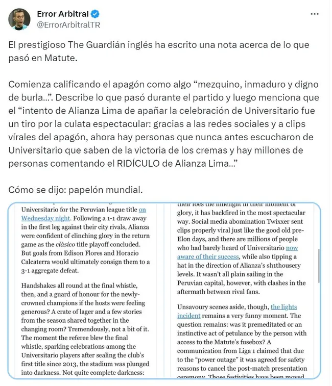 The Guardian tocó el apagón en Matute. (Foto: X Error Arbitral)