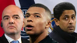 Gianni Infantino, Kylian Mbappé y Nasser Al-Khelaifi.