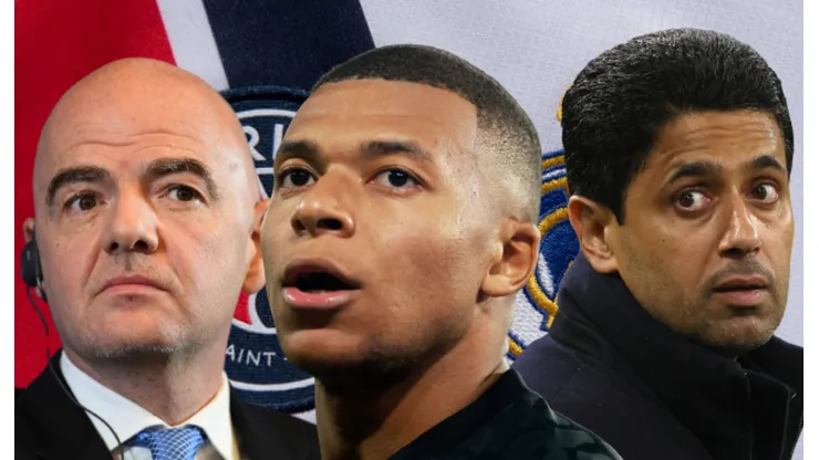 Gianni Infantino, Kylian Mbappé y Nasser Al-Khelaifi.