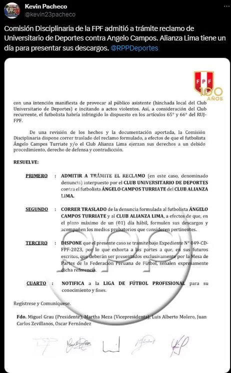 Kevin Pacheco presenta el documento de la FPF. (Foto: Twitter).