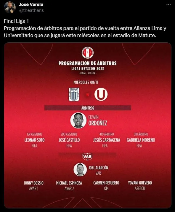 Terna principal para el partido entre Alianza Lima y Universitario. (Foto: Twitter).