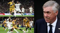 Carlo Ancelotti y sus jugadores vs. Rayo Vallecano.