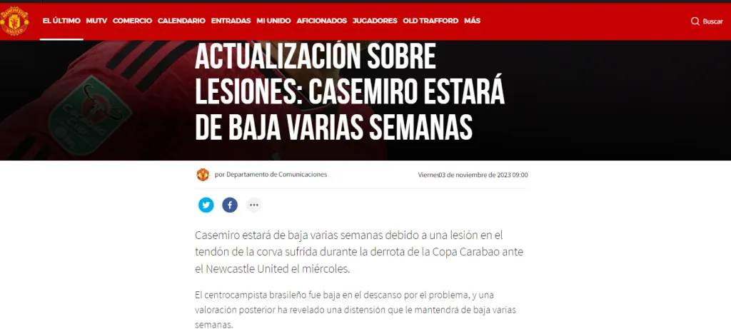 Comunicado de Manchester United sobre Casemiro (Oficial).