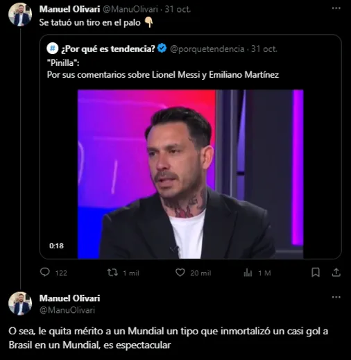 Le responden a Pinilla por hablar de Messi y el Balón de Oro. (Foto: X / @ManuOlivari)