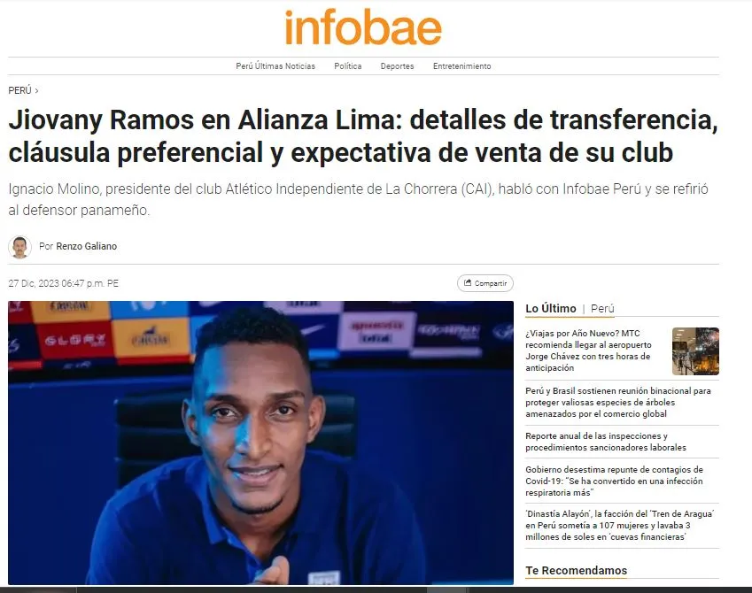 Jiovany Ramos expuesto para bien en entrevista. (Foto: INFOBAE).Jiovany Ramos cuando fue presentado en Alianza Lima. (Foto: Club Alianza Lima).