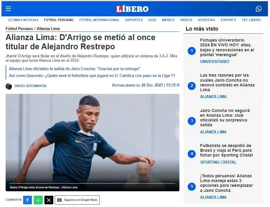 La información sobre el once de Alianza Lima. (Foto: Diario Líbero).Jhamir D’Arrigo en su presentación con Alianza Lima. (Foto: Alianza Lima).