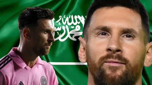 Lionel Messi y bandera de Arabia Saudita.