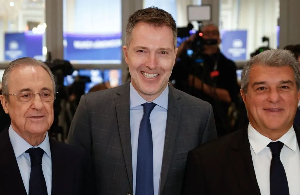 Florentino Pérez,  Bernd Reichart y Joan Laporta, caras claves de la Superliga: Getty Images