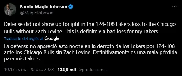 Mensaje de Magic sobre derrota de Lakers vs. Bulls. (Foto: X / @MagicJohnon)