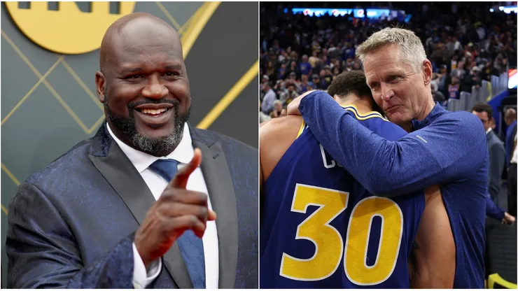 Shaquille O'Neal, Stephen Curry y Steve Kerr.