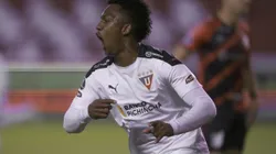 QUITO, ECUADOR - AUGUST 12: Djorkaeff Reasco of LDU Quito celebrates after scoring the first goal of his team during a quarter final first leg match between LDU and Athletico Paranaense as part Copa CONMEBOL Sudamericana 2021 at Rodrigo Paz Delgado Stadium on August 12, 2021 in Quito, Ecuador. (Photo by Dolores Ochoa-Pool/Getty Images)