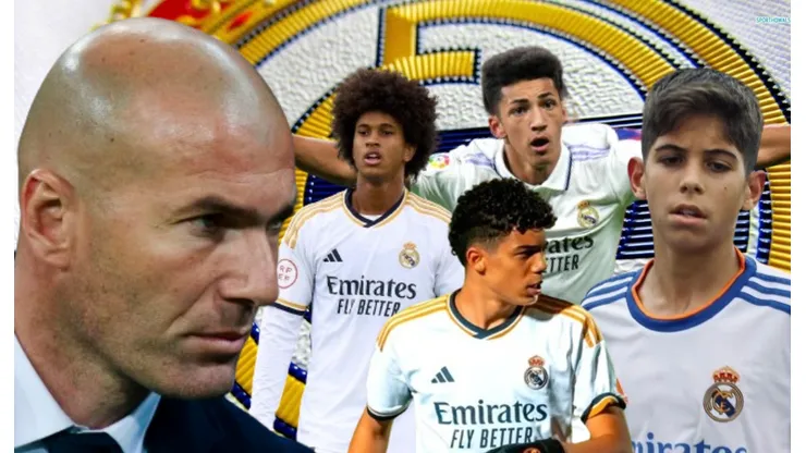 Zinedine Zidane y algunas de las mayores promesas de la cantera de Real Madrid.