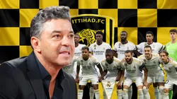 Marcelo Gallardo y los jugadores de Real Madrid.