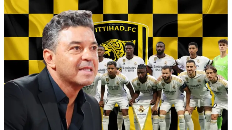 Marcelo Gallardo y los jugadores de Real Madrid.