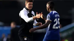 BURNLEY, ENGLAND - OCTOBER 07: Mauricio Pochettino, Manager of Chelsea, interacts with Moises Caicedo of Chelsea following the Premier League match between Burnley FC and Chelsea FC at Turf Moor on October 07, 2023 in Burnley, England. (Photo by George Wood/Getty Images)