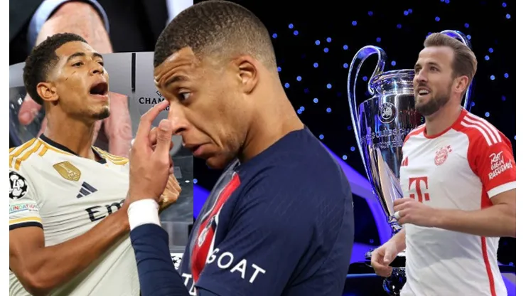 Jude Bellingham, Kylian Mbappé y Harry Kane en el sorteo de la Champions.