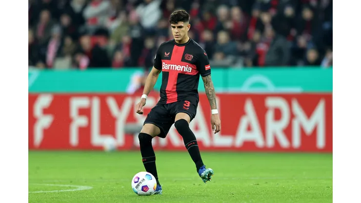 LEVERKUSEN, GERMANY - DECEMBER 06: Piero Hincapie of Leverkusen runs with the ball during the DFB cup round of 16 match between Bayer 04 Leverkusen and SC Paderborn 07 at BayArena on December 06, 2023 in Leverkusen, Germany. (Photo by Christof Koepsel/Getty Images)