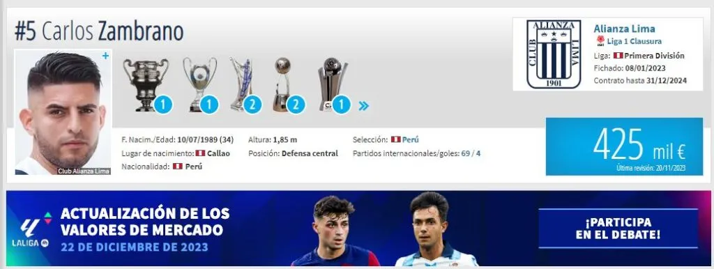 El valor actual de Carlos Zambrano en Alianza Lima. (Foto: Transfermarkt.es).Así evolucionó su carrera Carlos Zambrano desde su debut. (Foto: Transfermarkt.es).