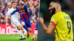 Cristiano Ronaldo y Lionel Messi fueron excluidos por Karim Benzema en el once ideal que le pidieron que armara en una conversación con las redes sociales del Al Ittihad. Getty Images.