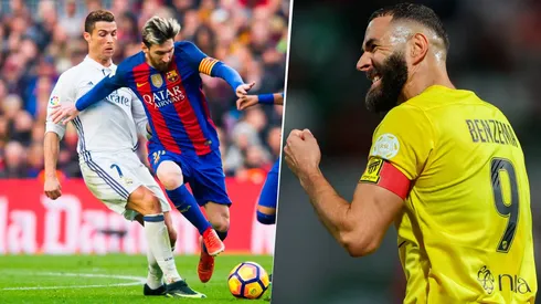 Cristiano Ronaldo y Lionel Messi fueron excluidos por Karim Benzema en el once ideal que le pidieron que armara en una conversación con las redes sociales del Al Ittihad. Getty Images.