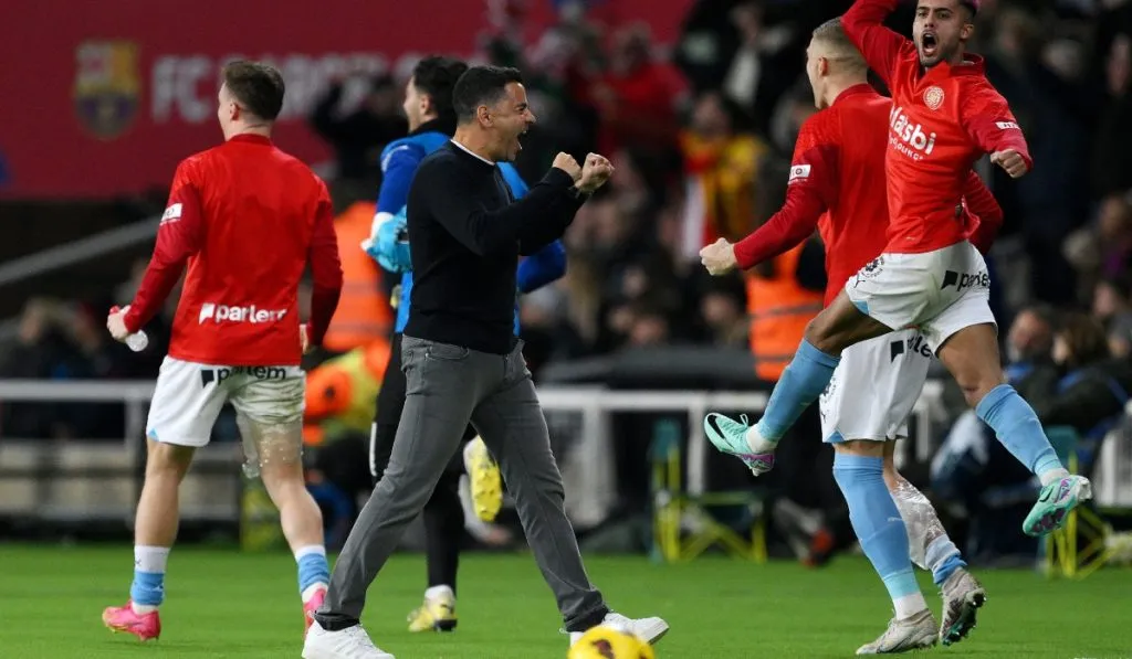 Michel y sus jugadores festejan el 2-4 en Montjuic: Getty Images