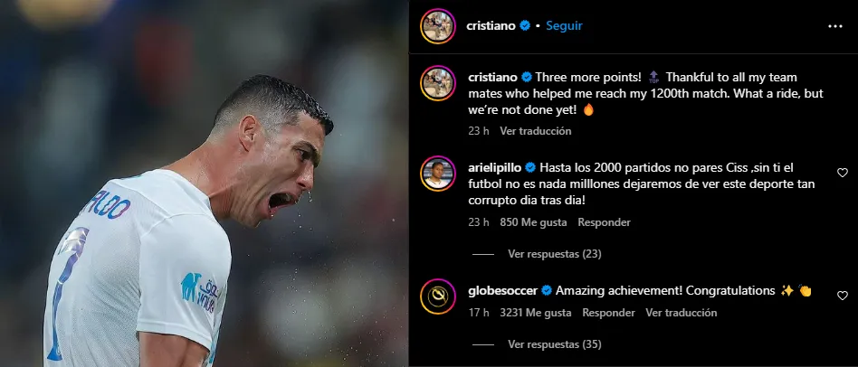 La publicación de Cristiano Ronaldo en Instagram por alcanzar los 1,200 partidos.