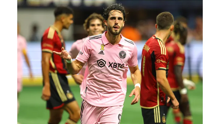 ATLANTA, GEORGIA - SEPTEMBER 16: Leonardo Campana #9 of Inter Miami CF celebrates after scoring a goal during the first half against Atlanta United at Mercedes-Benz Stadium on September 16, 2023 in Atlanta, Georgia. (Photo by Michael Zarrilli/Getty Images)