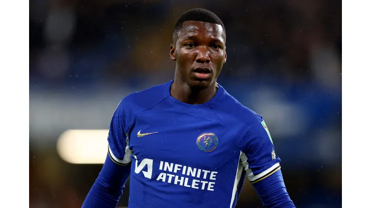 LONDON, ENGLAND - NOVEMBER 01: Moises Caicedo of Chelsea looks on during the Carabao Cup Fourth Round match between Chelsea and Blackburn Rovers at Stamford Bridge on November 01, 2023 in London, England. (Photo by Clive Rose/Getty Images)