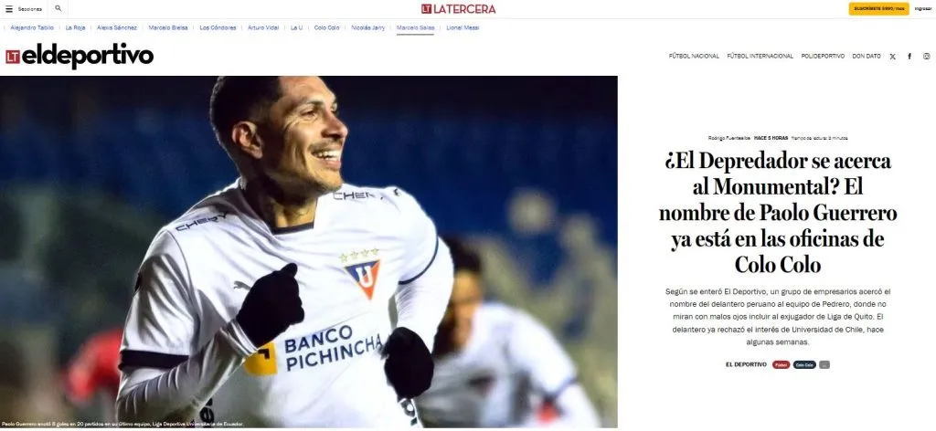 Información sobre Paolo Guerrero en Chile. (Foto: La Tercera).